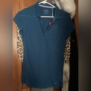Puma Women's Dark Teal Polo Button up Semi Sheer Tee NWT